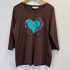 Vintage Quacker Factory Women Old Money Sequin Heart 3/4 Sleeve Tee Size L Bling